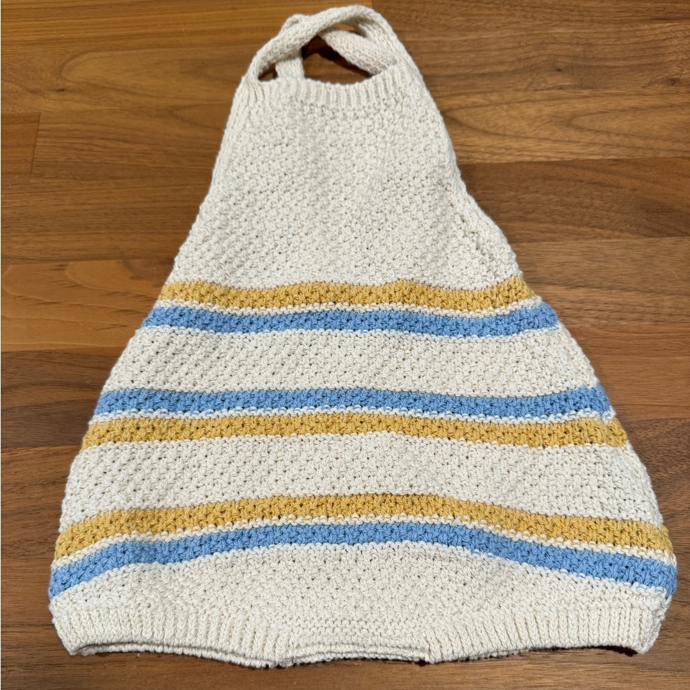 Zara Cream crochet romper with Blue and Tan Stripes